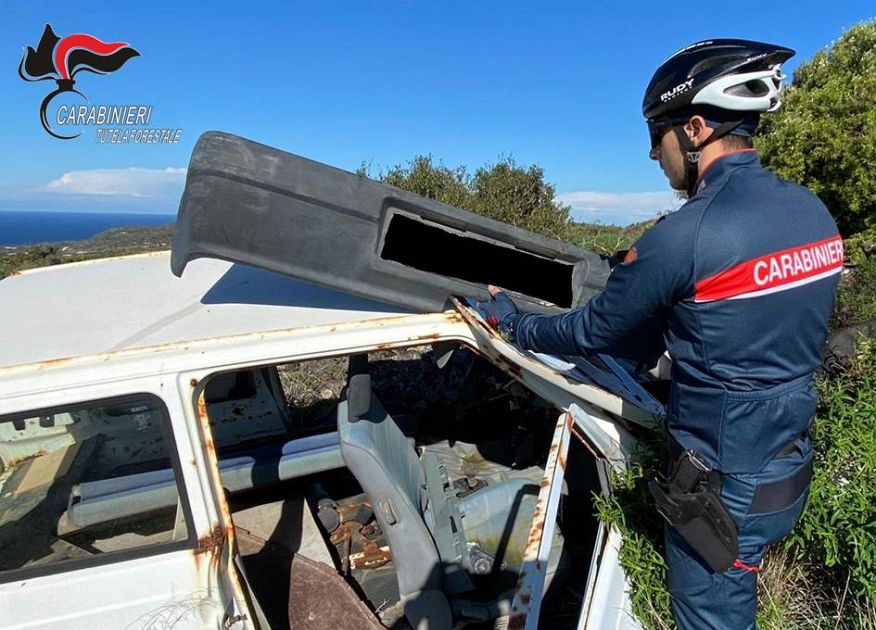 Carabiniere forestale accanto a una carcassa di veicolo nella foto della fonte