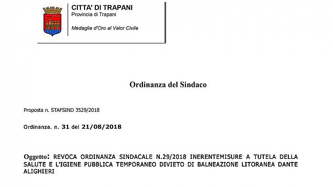 Trapani: Revocato il divieto di balneazione nel litorale Dante Alighieri
