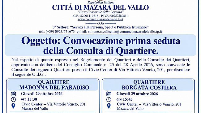 Mazara, il 29 ottobre la convocazione delle Consulte di Quartiere 