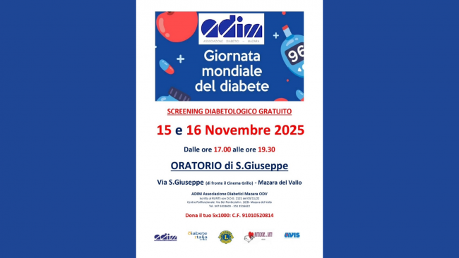 Mazara, Giornata Mondiale del Diabete: il 15 e 16 novembre screening gratuiti all'oratorio S. Giuseppe