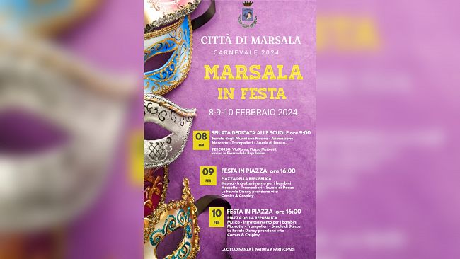Carnevale a Marsala. Sfilata in maschera con le scuole musica e animazioni per bambini in piazza della repubblica