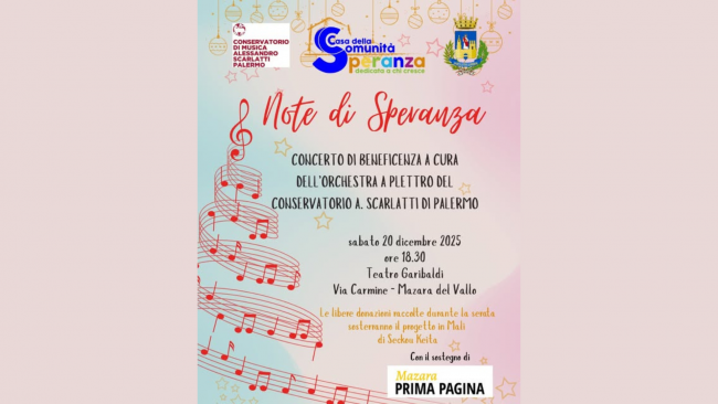 Mazara, il 20 dicembre il concerto organizzato da Casa Comunità Speranza 