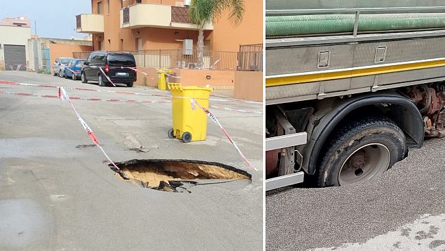 Mazara, “voragine” in via Santa Rosalia a causa del cedimento del manto stradale