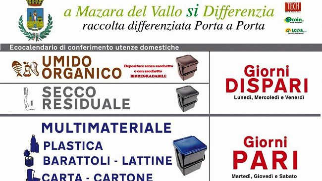 Mazara, differenziata: invito a esporre i mastelli già dalla sera antecedente il turno di raccolta porta a porta come da calendario