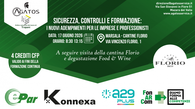 Sicurezza, controlli e formazione: il 17 giugno alle Cantine Florio di Marsala seminario organizzato da Agatos Service 