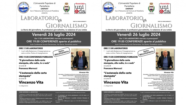 Pantelleria, laboratorio di giornalismo: anticipato l'appuntamento con Vincenzo Vita