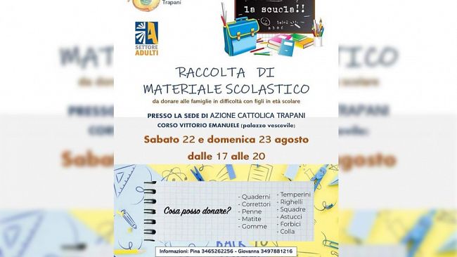 Ritorno alle scuole, l’Azione Cattolica di Trapani organizza raccolta di materiale scolastico