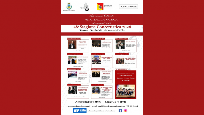 Mazara, dal 17 gennaio prende il via la 48ª stagione concertistica dell'associazione 