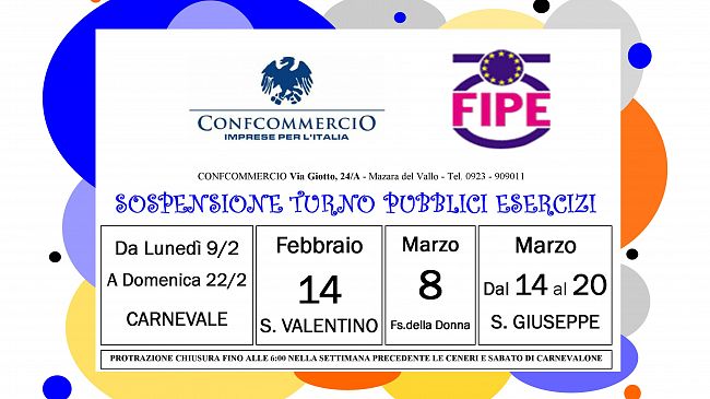 Mazara, Confcommercio comunica la sonspensione dei turni per i pubblici esercizi
