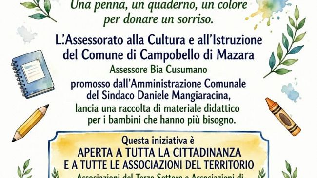 A Campobello il Comune promuove una raccolta di materiale scolastico per le famiglie in difficolta'