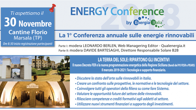 Il 30 novembre in Sicilia l’ENERGY CONFERENCE, evento nazionale dedicato ai nuovi incentivi sul fotovoltaico