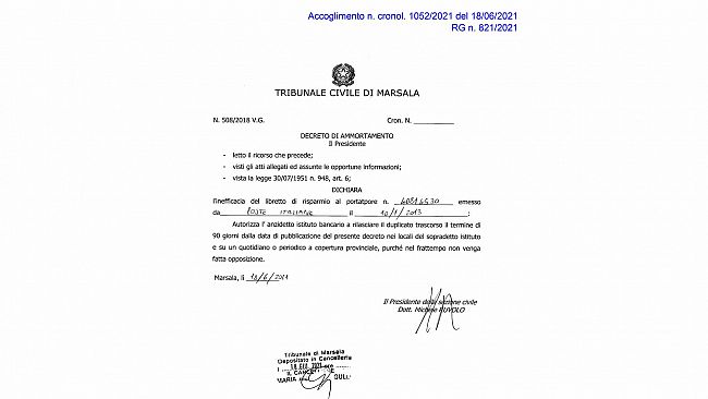 Dichiarazione di inefficacia del libretto di risparmio al portatore n. 40814530