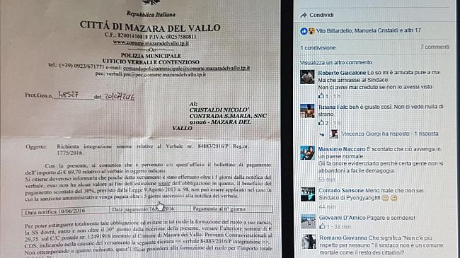 Il sindaco Cristaldi “mattatore” anche su facebook. Pubblica la multa ricevuta dalla Polizia Municipale