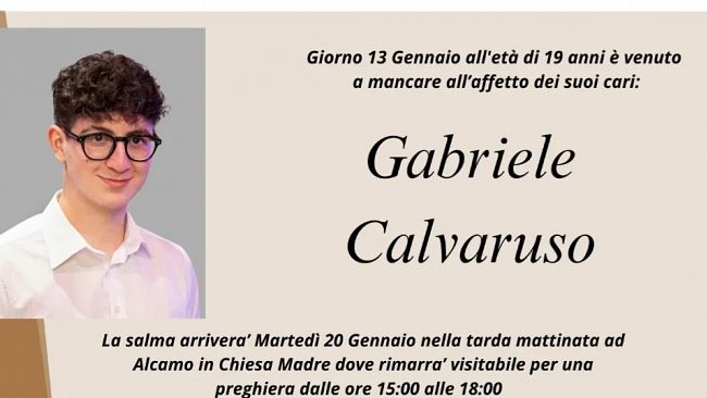 Incidente viale Europa, martedì ad Alcamo la salma del giovane Gabriele Calvaruso. Mercoledì i funerali in chiesa Madre