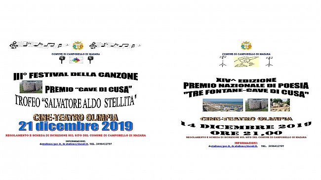 “Festival della canzone – Trofeo Aldo Stellita” e “Premio Nazionale di poesia Tre Fontane – Cave di Cusa”: istanze entro il 15 e il 30 novembre