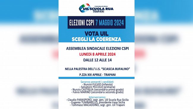 Lunedì a Trapani l’assemblea con i candidati siciliani della Uil Scuola Rua al CSPI