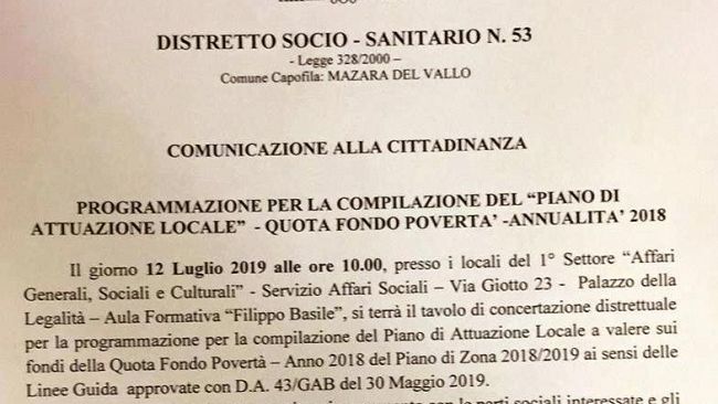 Mazara, tavolo di concertazione distrettuale per i servizi del fondo povertà