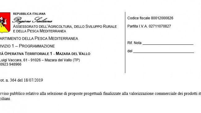 Avviso pubblico relativo alla selezione di proposte progettuali finalizzate alla valorizzazione commerciale dei prodotti ittici siciliani