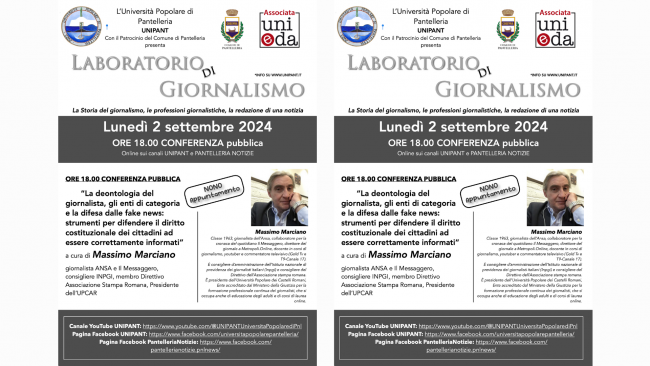 ​Pantelleria: il 2 settembre Massimo Marciano ospite del laboratorio di giornalismo Unipant