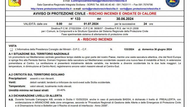 Paceco, il Sindaco Aldo Grammatico raccomanda attenzione per alto rischio di incendi