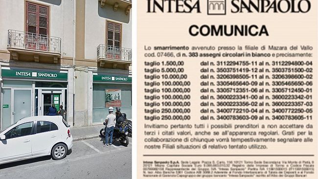 Mazara, smarriti quasi 400 assegni circolari nella filiale di Banca Intesa San Paolo. Mistero…