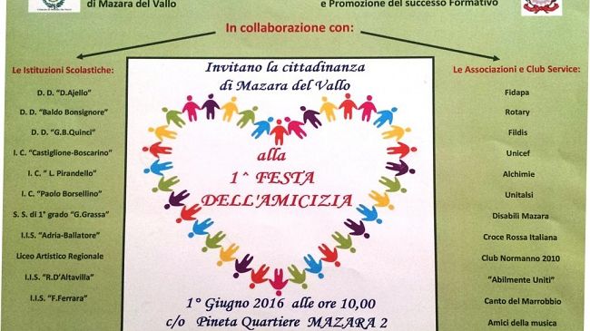 Mazara, mercoledì 1 giugno la prima festa dell’amicizia