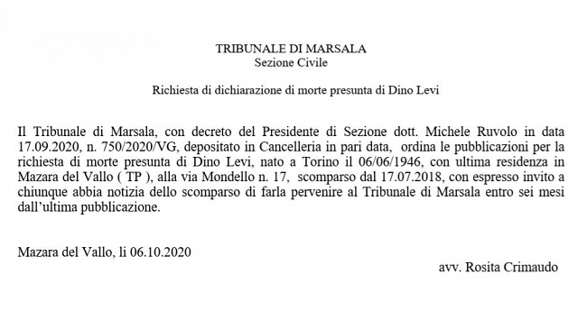 Tribunale di Marsala, Richiesta di dichiarazione di morte presunta di Dino Levi