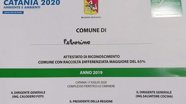 Raccolta differenziata, Petrosino premiato dalla Regione come “Comune Virtuoso” per il 2019