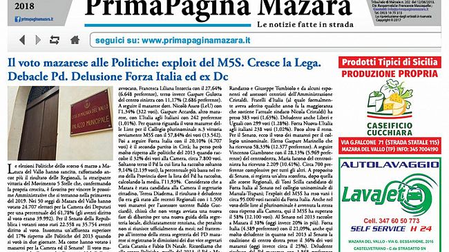 Prima Pagina Mazara nelle edicole e nei bar: edizione cartacea del mese di marzo