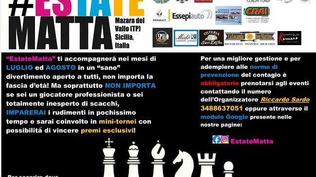 Mazara, dal 24 luglio scacchi per tutti con l’iniziativa #EstateMatta ideata dal giovane Riccardo Sardo