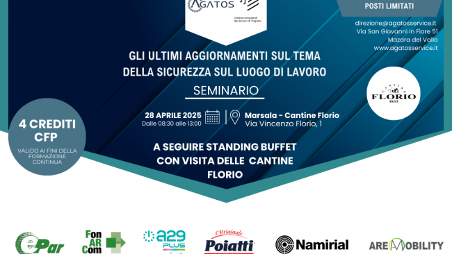 A Marsala il 28 aprile evento sulla sicurezza sul lavoro a cura di Agatos Service e Ordine dei Consulenti del Lavoro