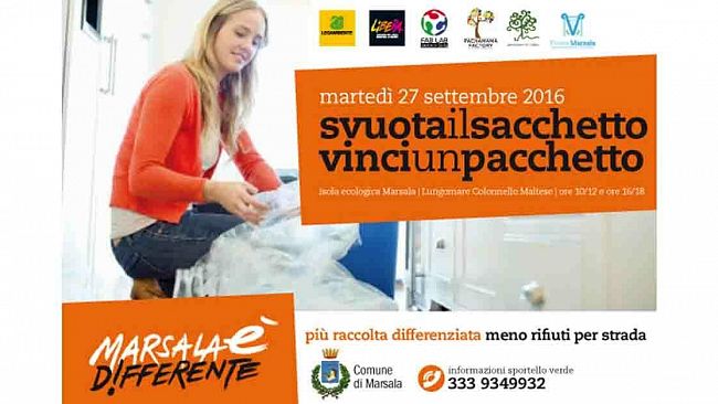 Marsala, rifiuti: martedì 27 settembre l’iniziativa “Svuota il sacchetto e vinci un pacchetto”