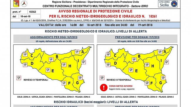 Alcamo: Allerta meteo della Protezione Civile Regionale in data odierna e consigli utili dall’ufficio Protezione Civile comunale